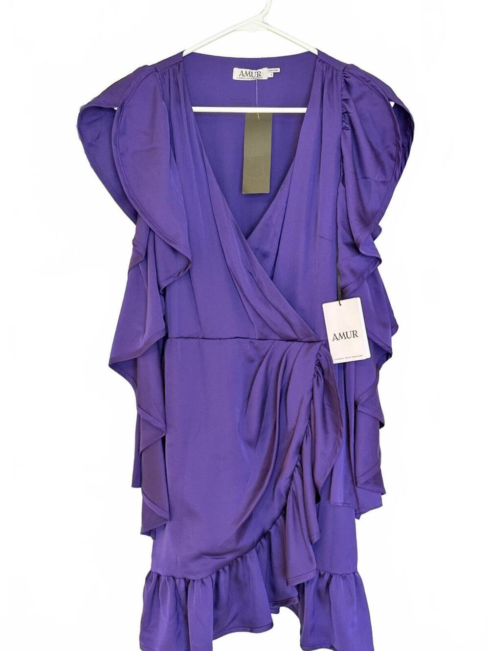AMUR Monna Faux Wrap Mini Purple Ruffle Dress - Picture 2 of 8